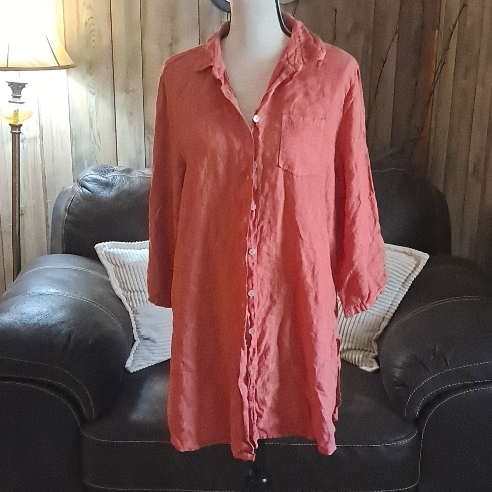 Relaxed Button Down Linen Oversized Tunic Women's Medium